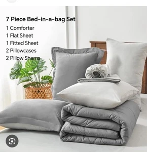 NEW- 7 Piece Bed In A Bag, 2 Shams, 2 Pillow Cases, Sheets, Comforter Grey, Full - Picture 1 of 5