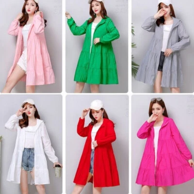 Summer Women Hooded Dust Coat Midi Windbreaker Zip Jacket Korean Loose Thin - Image 1 of 4