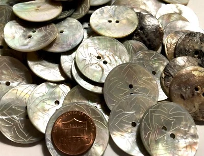 6 PCS ONLY! Large Carved Iridescent Abalone Shell Buttons 28mm 1 1/8" 11658 - Image 1 of 4