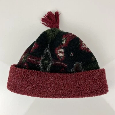 Vintage L.L. Bean Adult Winter Beanie Hat Cuff Tassel Red Black & Green Pattern  - Image 1 of 4