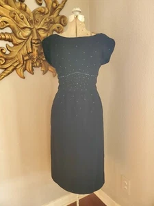 VTG 50'S LUMINOUS BLACK RHINESTONE SPRINKLES R&K ORIG COCKTAIL WIGGLE DRESS S - Picture 1 of 9