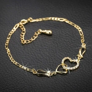 14k Yellow Gold Plated Double Heart Anklet 1Ct Round Lab Created Diamond Women's - Picture 1 of 5
