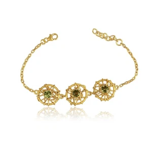 Peridot Three Discs Tangled Wire Bracelet In Oval Chain Gold Plated Mother Gift - Picture 1 of 3