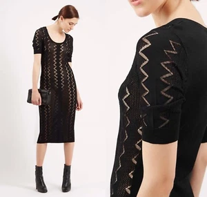 Topshop Knit ZigZag Stitch Dress Open Weave Midi Knee Bodycon Black 8 UK12 M - Bild 1 von 5