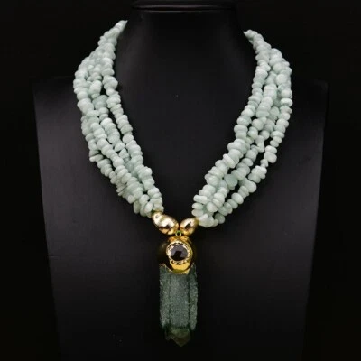 4 Rows Natural Green Peacock angel Stone Necklace Flourite Labradorite Pendant - Image 1 of 4