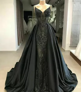 Mermaid Gothic Black Formal Dresses Evening Gown Party Prom Detachable Train - Picture 1 of 11