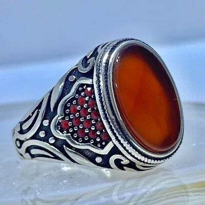 Anillo de ágata roja para hombre de plata de ley 925 hecho a mano con piedras preciosas ovaladas hecho a mano regalo Foto 1 de 4