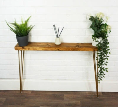 Coffee Side Table Solid Wood Reclaimed Timber Metal Gold Legs 14cm x 4.4cm - Image 1 of 4