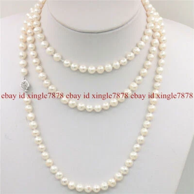 Hermoso! Collar largo de perlas cultivadas de agua dulce blancas naturales de 7-8 mm 18-50" Foto 1 de 4