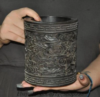 Jarrón lápiz 6.2" China negro ébano talla de madera nubes auspiciosas estatua cepillo maceta Foto 1 de 4