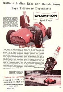 1952 Advert CHAMPION Spark Plugs ENZO FERRARI Grand Prix Race Car Print Ad 735C - Bild 1 von 1