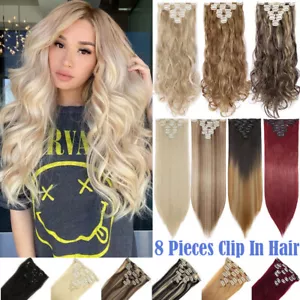 Extensiones de cabello 100% naturales 8 piezas clip de cabello grueso real en cabeza completa como humano EE. UU. - Imagen 1 de 67