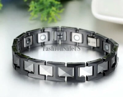 Pulsera pulsera de piedra de energía magnética de salud de cerámica de tungsteno negro de 12 mm para hombre Foto 1 de 4