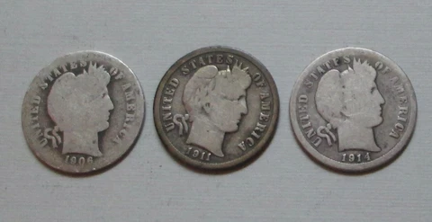 Three Collectible Barber Dimes: 1906, 1911, 1914 Cover