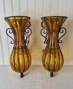Vintage Pair Of 2 Hand Blown Amber Glass Iron Caged Wall Urn Vases 15” Mint EUC - Picture 1 of 24