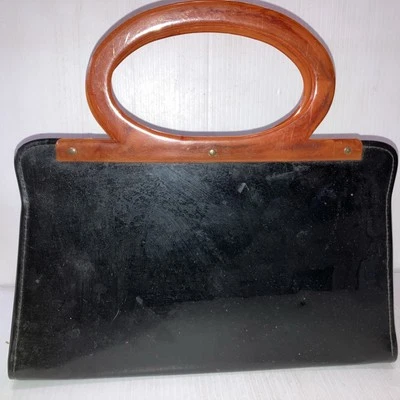 Vtg Black Faux Patent Leather Lucite Plastic Brown Handle Handbag Purse/70d - Image 1 of 4