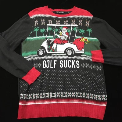 Travis Mathew Sweater Mens Large Black Red Golf Sucks Santa Christmas Ugly - Image 1 of 4