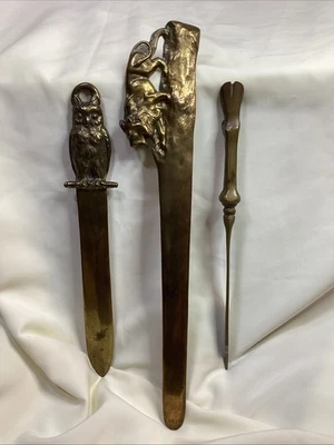 Lovely 3 1900’s Antique Art Nouveau BRONZE LETTER OPENERS, OWL, LION, GOAT HOOF - Image 1 of 4