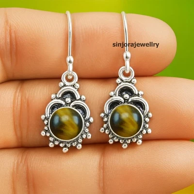 Orecchini pendenti goccia occhio di tigre pietra preziosa argento sterling... - Immagine 1 di 3