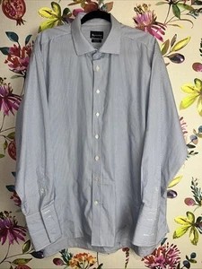Aquascutum Shirt French Cuffs 18” Collar Blue Striped Classic Fit - Picture 1 of 16