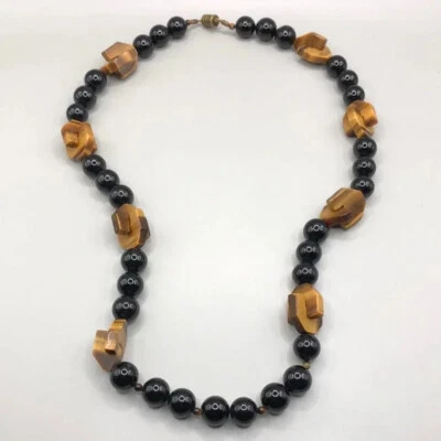 Vintage artisan beaded and carved stone necklace-statement style-substantial - Image 1 of 4