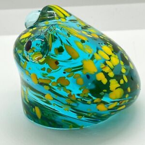 Vintage Murano Art Glass Aqua Blue Speckled Lime Frog Paperweight UV GLOWS 3.5”