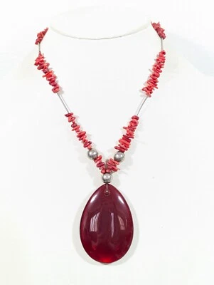 Beachy Coastal Boho Red Branch Coral Bead Teardrop Pendant Necklace 18 in - Image 1 of 4
