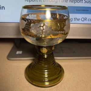 Vintage W.Germany Wine Glass Lite Green Ribbed Stem Gold Grapes And Leaves - Picture 1 of 7