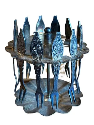 Vintage Cocktail Forks Shrimp Olive Pickle With Carousel Stand 12 Forks - Image 1 of 4