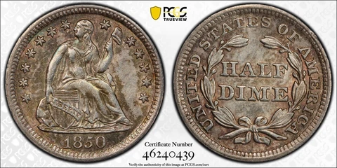 1850 Seated Liberty Half Dime H10c - PCGS AU58 Cover