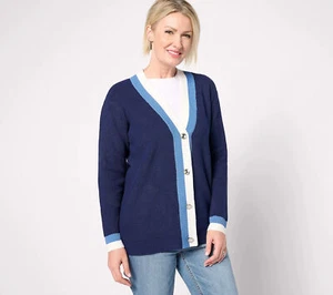 Denim & Co. Novelty Button Sweater Knit Cardigan Sweater Navy S New - Picture 1 of 1