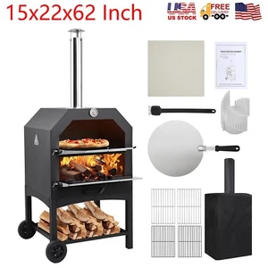 22" Wood Fired Pizza Oven Outdoor Pizza Maker Grill W/ Waterproof Cover & Wheels - Picture 1 of 8