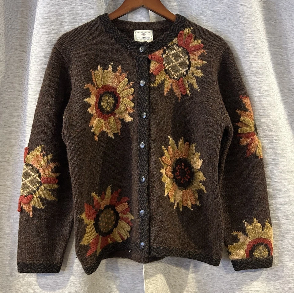 Винтажный женский шерстяной кардиган на пуговицах с вышивкой подсолнухом Susan Bristol свитер M - Изображение 1 из 4