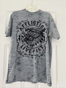 Affliction Y2K T-Shirt Mens L Gray Skull Graphic Live Fast Side Stitching - Picture 1 of 10