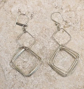 Vintage Signed Mexico 925 Sterling Silver Square Shaped Dangle Earrings - Picture 1 of 9