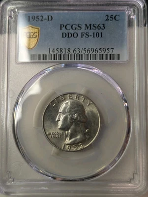 1952 D Washington Quarter DDO FS 101 PCGS MS63 Secured Holder - Image 1 of 4
