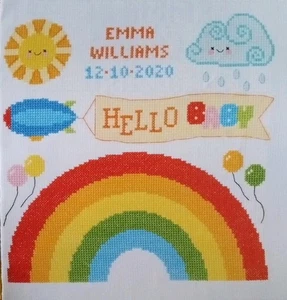 Cross Stitch "BIRTH SAMPLER" pattern ~ baby, rainbow, balloons - Picture 1 of 1