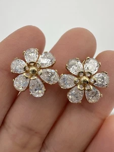 14k Designer DQ Pear Shape C Z Flower Stud Earrings  - Picture 1 of 9