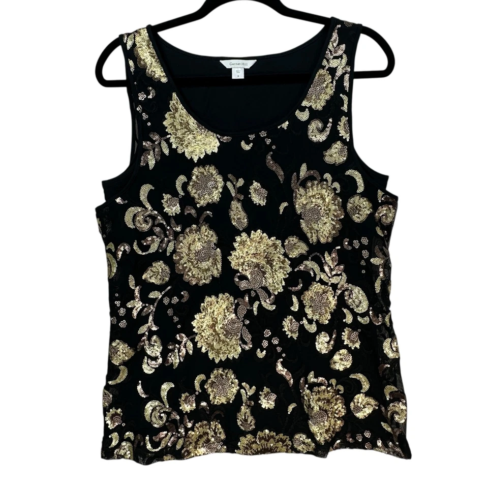 Camiseta sin mangas Garnet Hill para mujer mediana lentejuelas malla floral sin mangas caprichoso dorado Foto 1 de 4