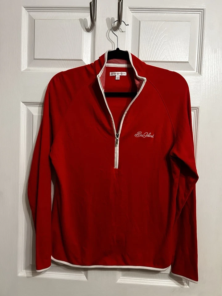 Peter Millar 女子 L 1/2 拉链拉过海岛高尔夫学院风运动红色棉 — 第 1/4 张图片