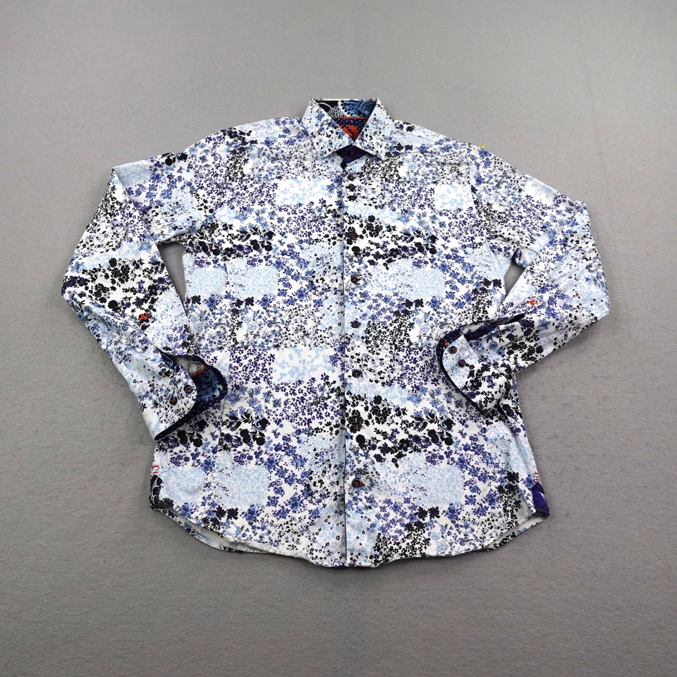 Au Noir Shirt Mens Small size 2 Blue White Floral Button Up Long Sleeve Abstract - Image 1 of 4