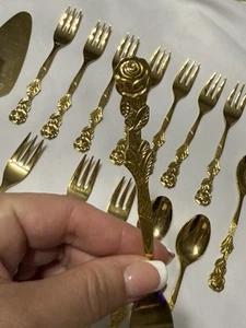 Gold Plated Dessert Flatware Japan Rose Floral 15 Pieces - Picture 1 of 7