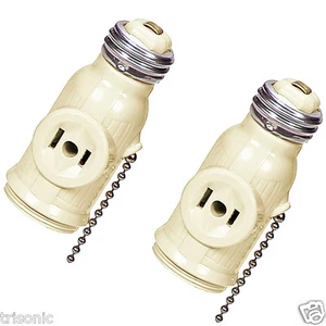 2 PCS SOCKET CONVERTER TO A LAMP HOLDER PLUS TWO OUTLETS PULL CHAIN SWITCH IVORY - Picture 1 of 5
