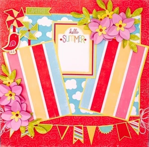 Handmade HELLO SUMMER Birds & Pinwheels Floral 12x12 Premade Scrapbook Layout - Picture 1 of 4