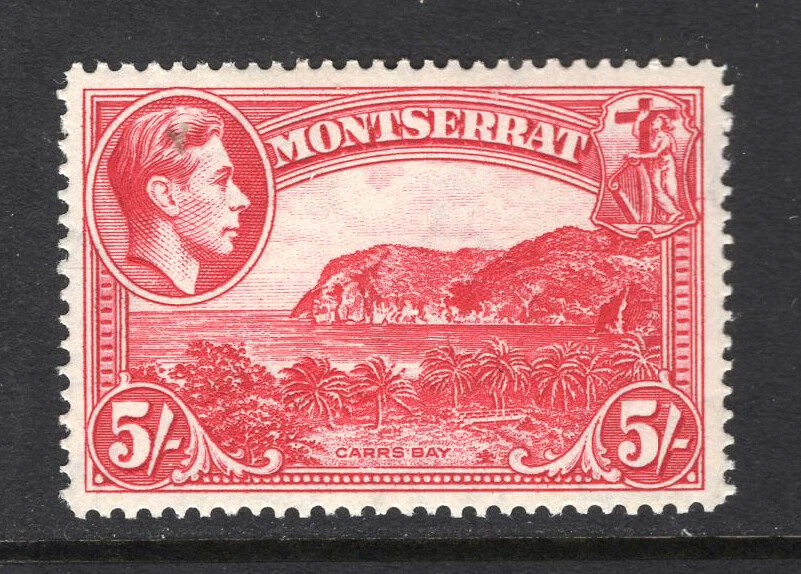 M25369 Montserrat 1942 SG110a KGVI: 5/- rose carmine perf 14. UMM, Cat £30 - Imagem 1 de 1