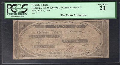1824 $2 KENNEBEC BANK HALLOWELL, MAINE OBSOLETE NOTE PCGS VERY FINE-20 - Image 1 of 2