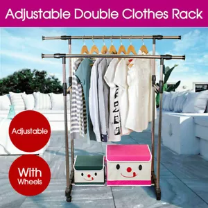 Clothes Rack Double Stainless Shelf Hanger Garment Holder Adjustable Coat AU - Picture 1 of 11
