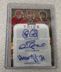 Fleury/Roberts/Makarov 2024 Leaf Metal Hockey Trios Orange 1/1 Autograph Calgary