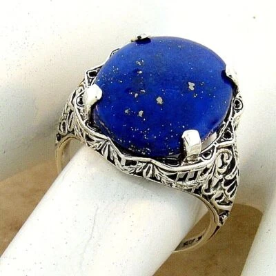 GENUINE LAPIS LAZULI 925 STERLING SILVER ART DECO STYLE FILIGREE RING       #950 - Image 1 of 4