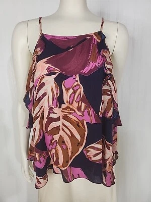 Top corto hawaiano para mujer talla mediana azul marino y rosa estampado de palmeras volantes en capas Foto 1 de 4